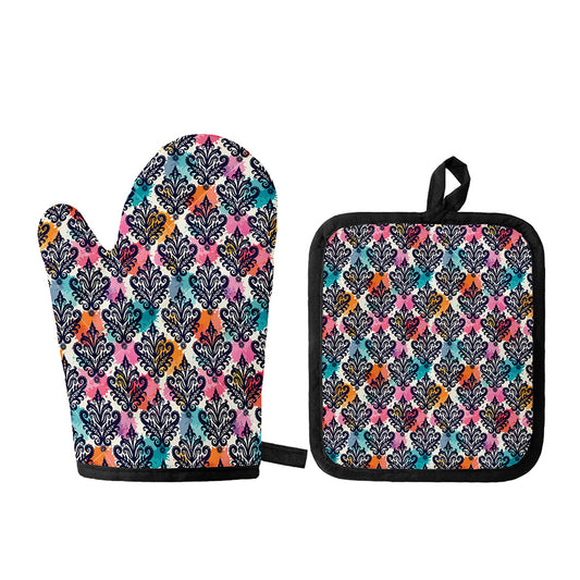 Colorful Damask Pattern Print Oven Mitt And Pot Holder Set