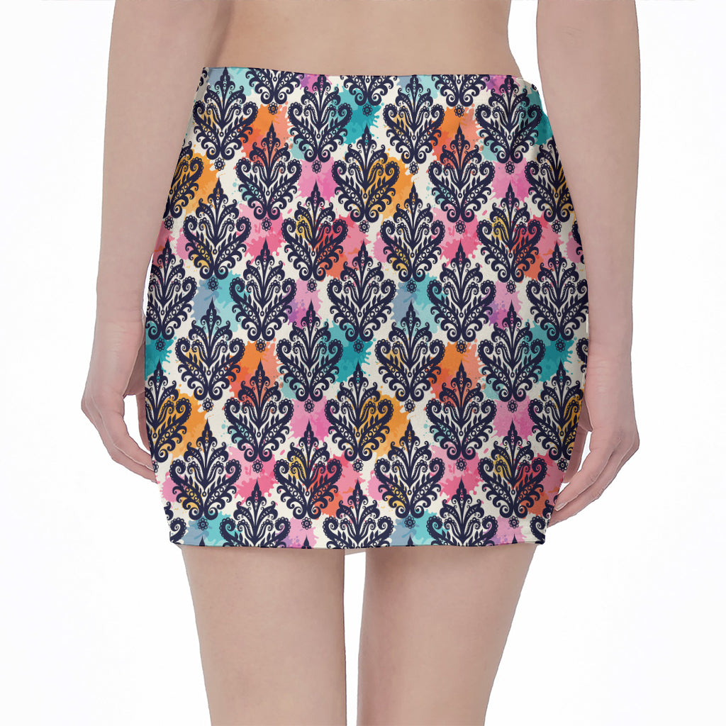 Colorful Damask Pattern Print Pencil Mini Skirt