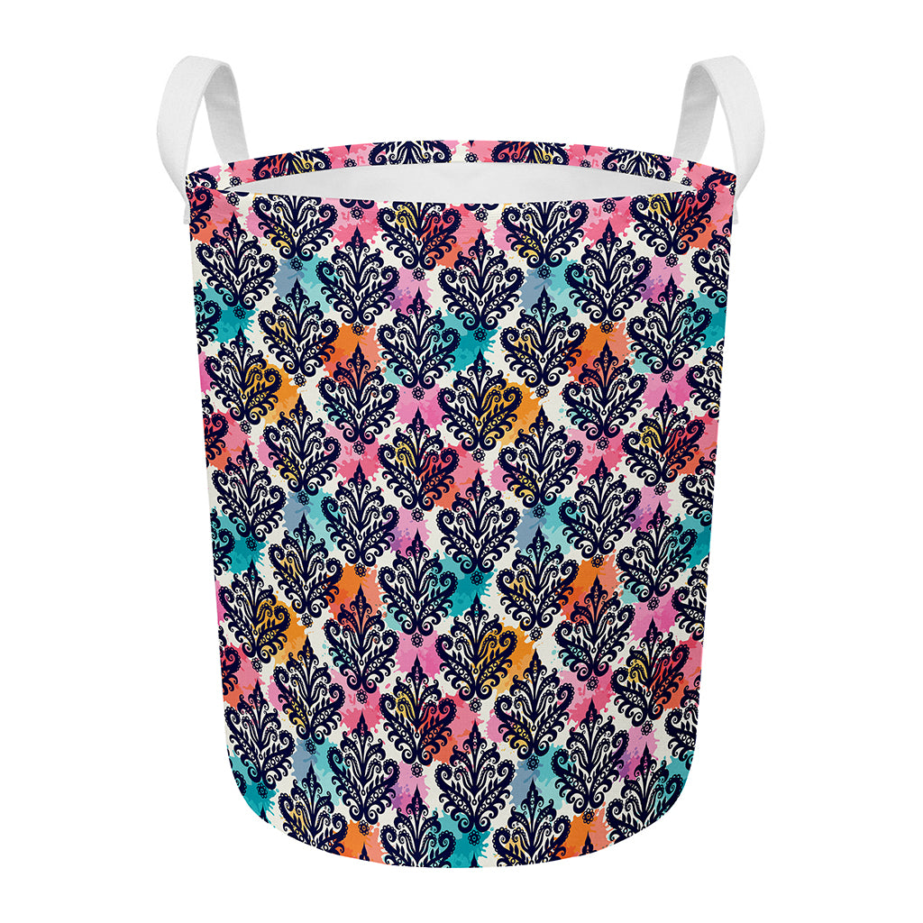 Colorful Damask Pattern Print Round Laundry Basket