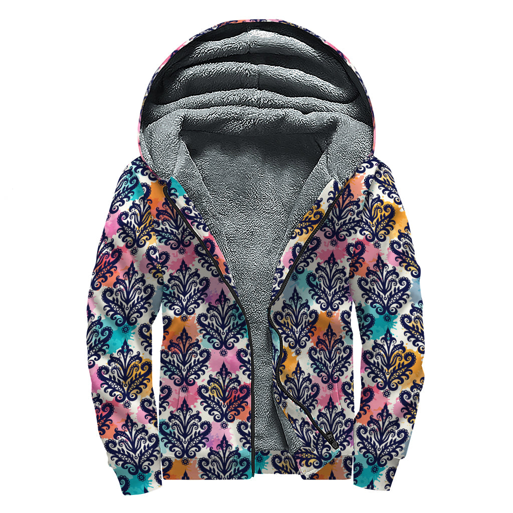 Colorful Damask Pattern Print Sherpa Lined Zip Up Hoodie