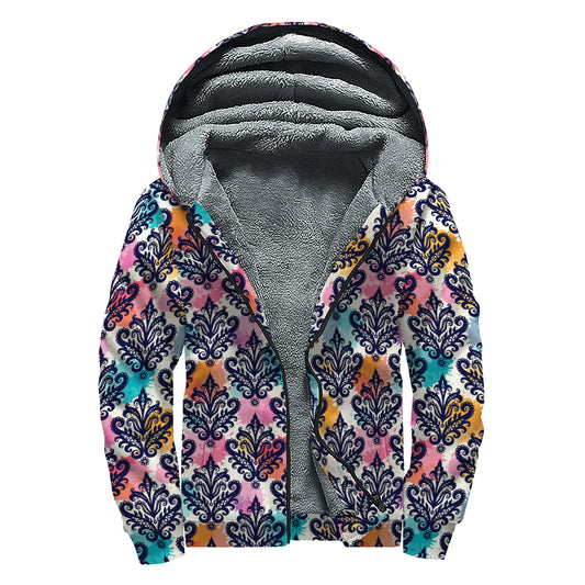 Colorful Damask Pattern Print Sherpa Lined Zip Up Hoodie