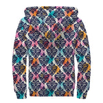 Colorful Damask Pattern Print Sherpa Lined Zip Up Hoodie