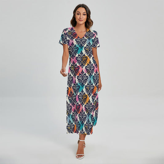 Colorful Damask Pattern Print Short Sleeve Maxi Dress