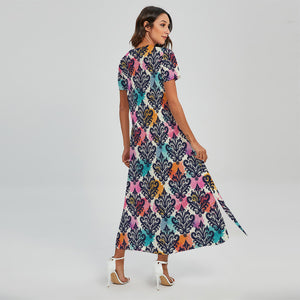 Colorful Damask Pattern Print Short Sleeve Maxi Dress