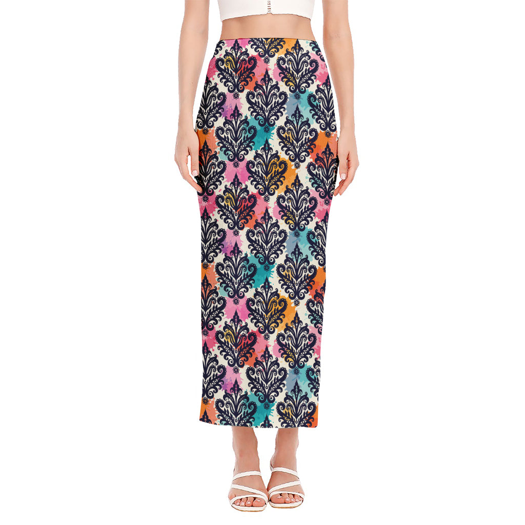 Colorful Damask Pattern Print Side Slit Maxi Skirt
