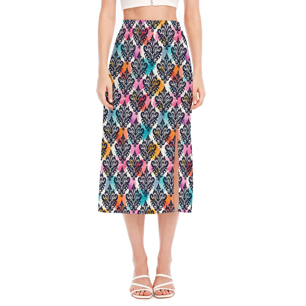 Colorful Damask Pattern Print Side Slit Midi Skirt