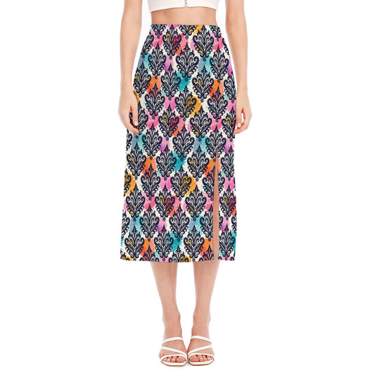 Colorful Damask Pattern Print Side Slit Midi Skirt