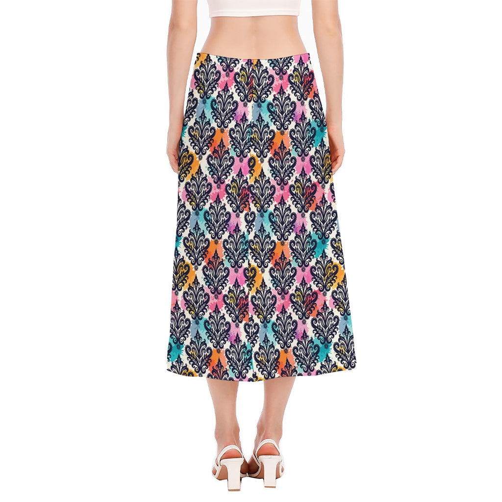 Colorful Damask Pattern Print Side Slit Midi Skirt