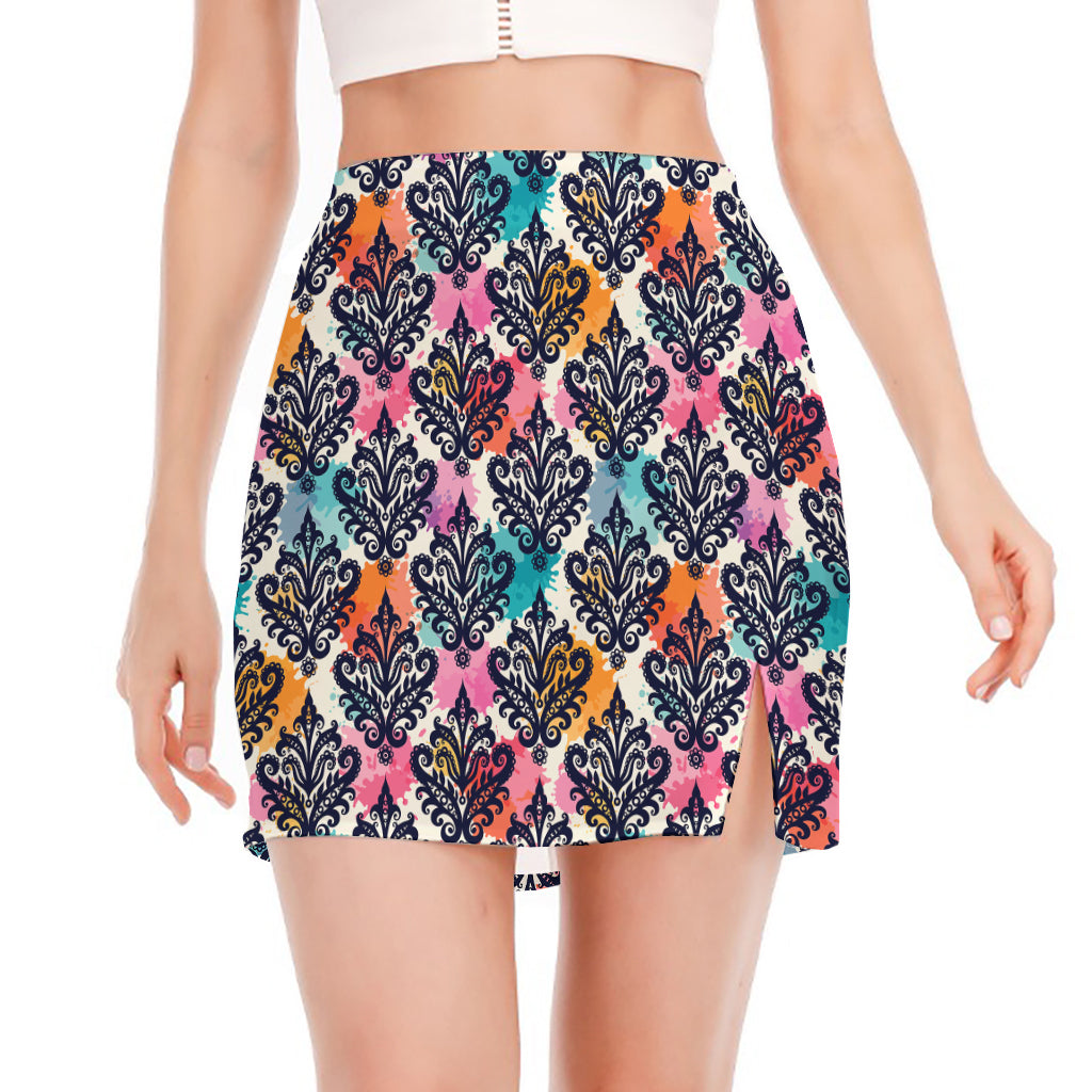 Colorful Damask Pattern Print Side Slit Mini Skirt