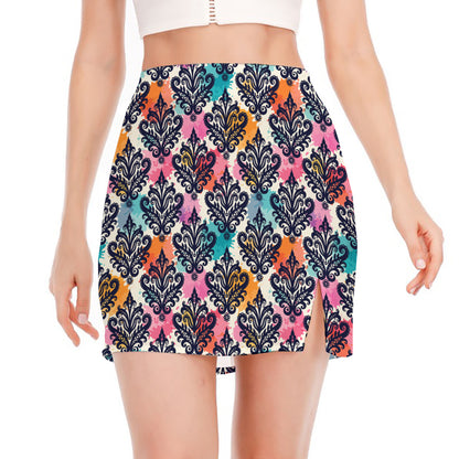 Colorful Damask Pattern Print Side Slit Mini Skirt