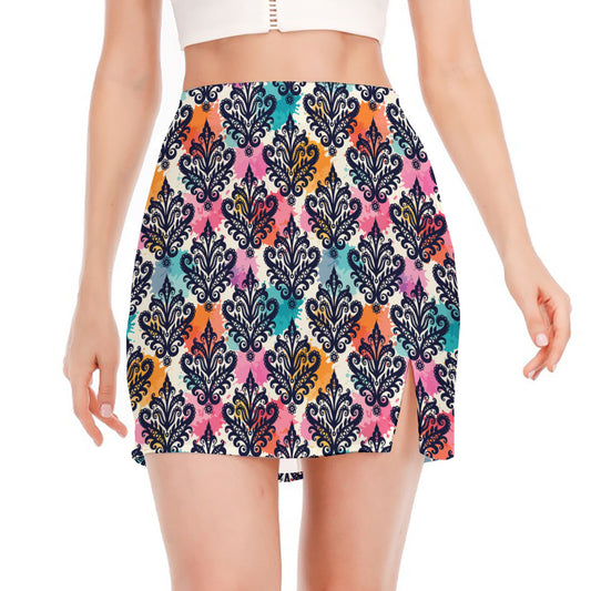 Colorful Damask Pattern Print Side Slit Mini Skirt