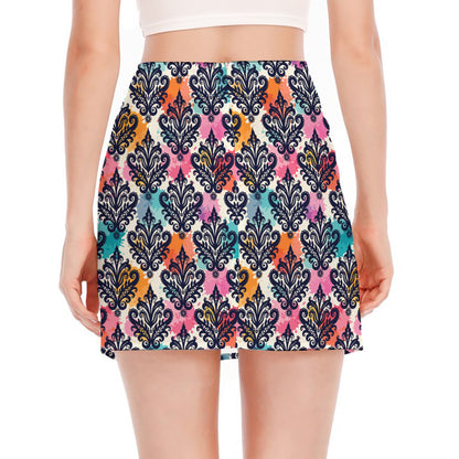 Colorful Damask Pattern Print Side Slit Mini Skirt