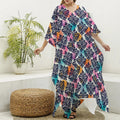 Colorful Damask Pattern Print Silk V-Neck Kaftan Dress