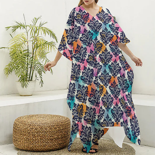 Colorful Damask Pattern Print Silk V-Neck Kaftan Dress
