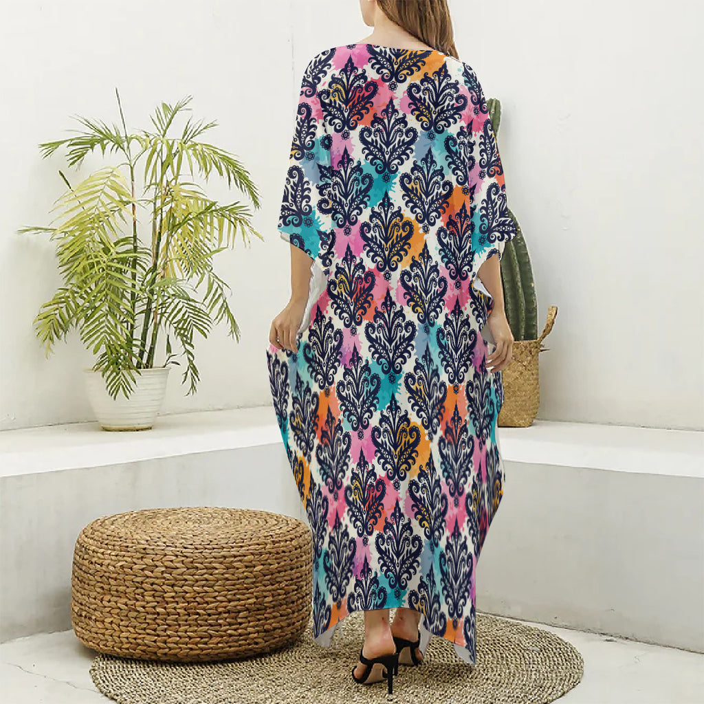 Colorful Damask Pattern Print Silk V-Neck Kaftan Dress