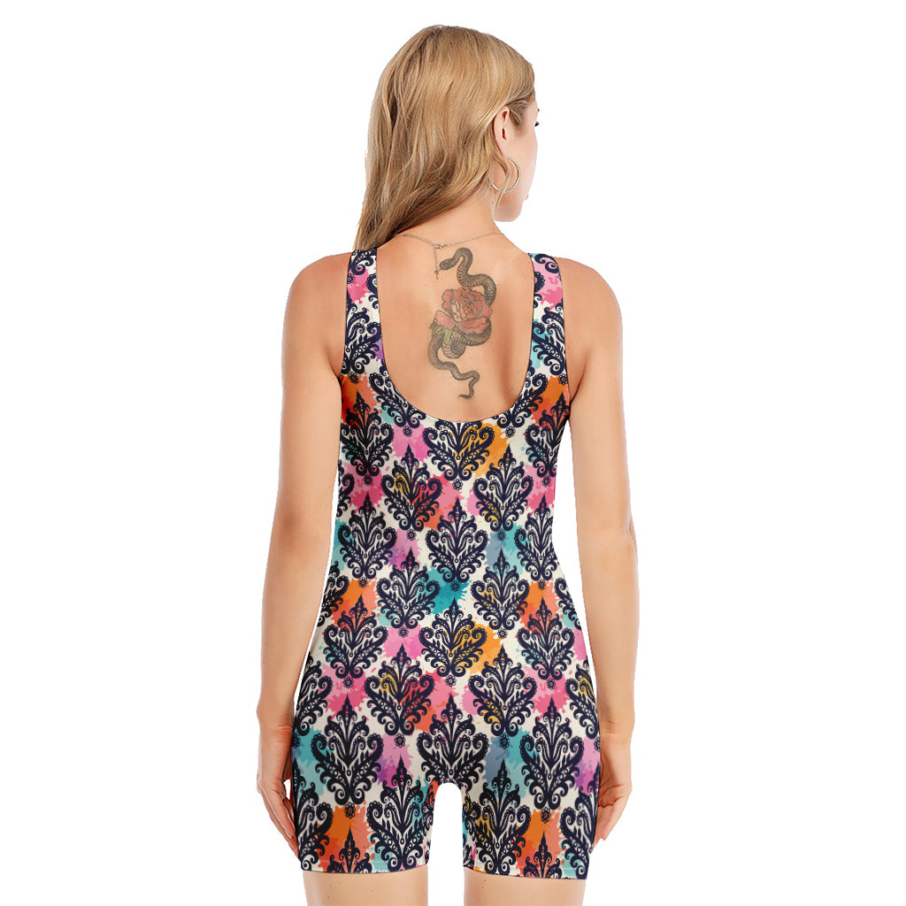 Colorful Damask Pattern Print Sleeveless One Piece Swimsuit
