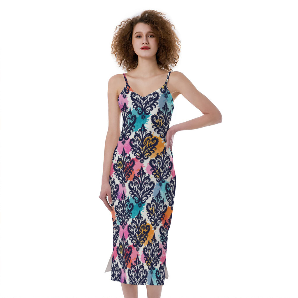 Colorful Damask Pattern Print Slim Fit Midi Cami Dress