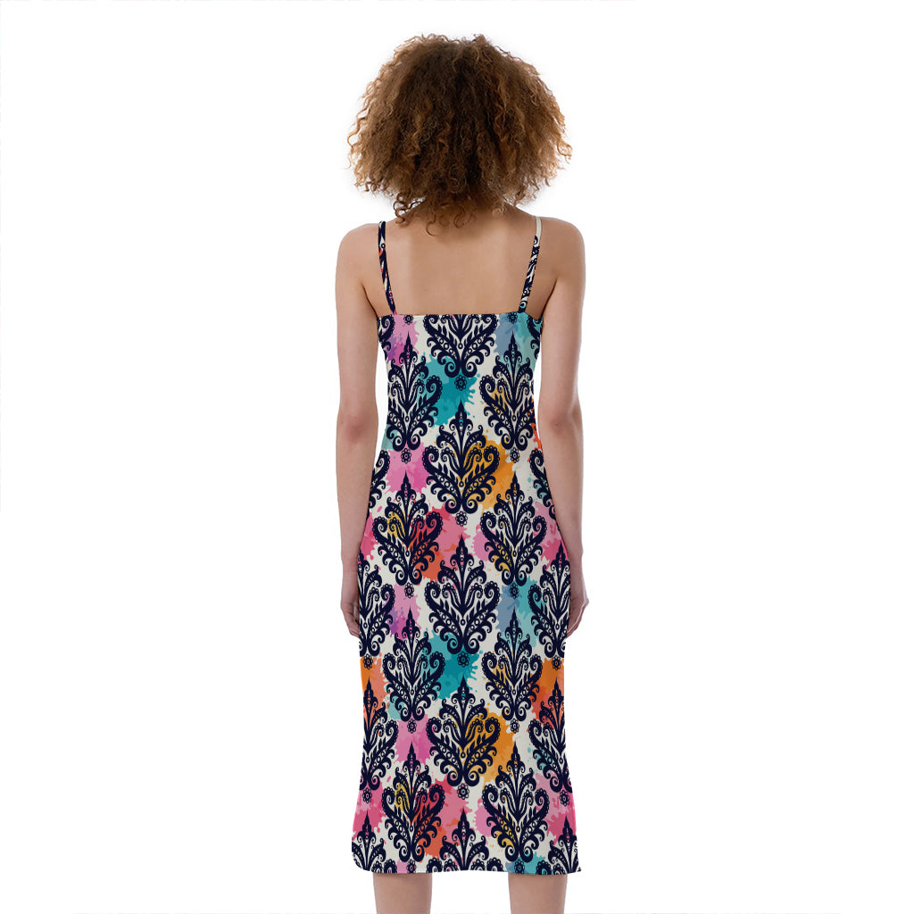 Colorful Damask Pattern Print Slim Fit Midi Cami Dress
