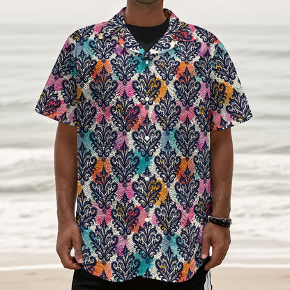 Colorful Damask Pattern Print Textured Short Sleeve Shirt