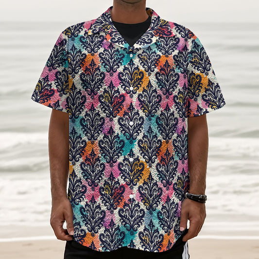 Colorful Damask Pattern Print Textured Short Sleeve Shirt