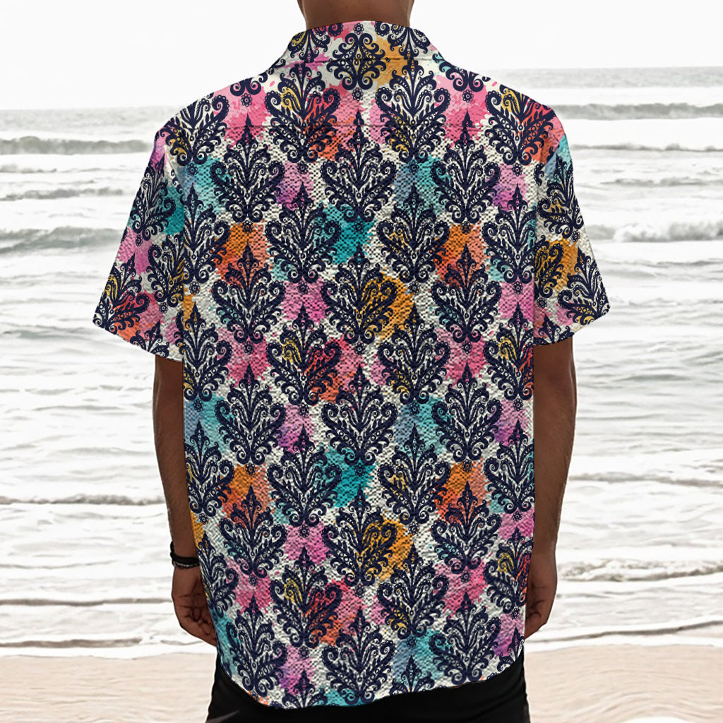 Colorful Damask Pattern Print Textured Short Sleeve Shirt