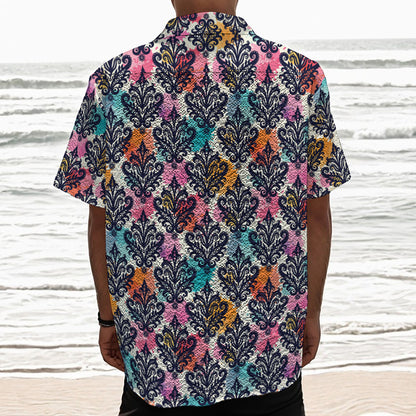 Colorful Damask Pattern Print Textured Short Sleeve Shirt