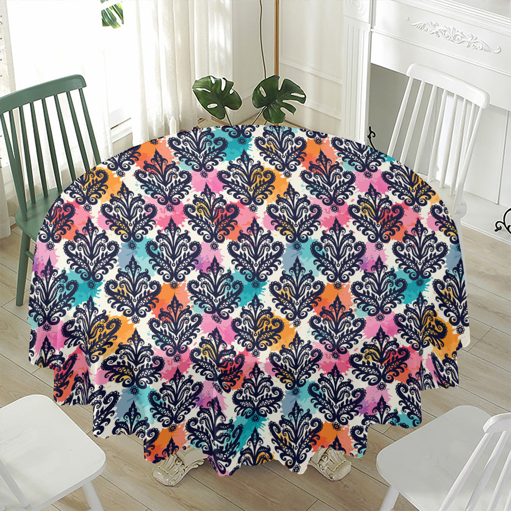 Colorful Damask Pattern Print Waterproof Round Tablecloth