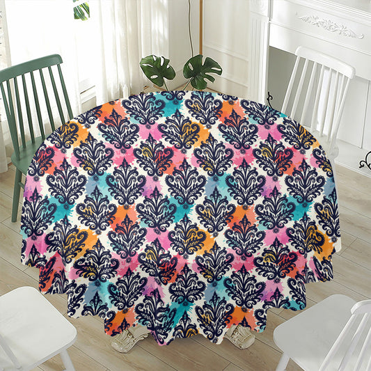 Colorful Damask Pattern Print Waterproof Round Tablecloth