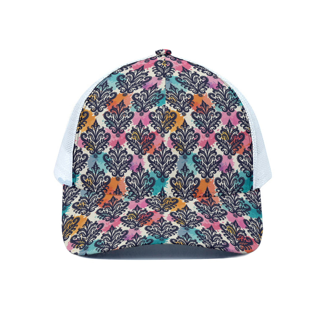 Colorful Damask Pattern Print White Mesh Trucker Cap