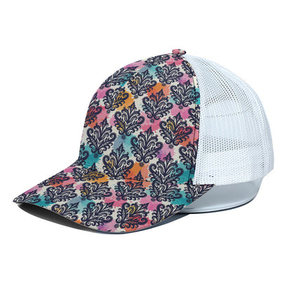 Colorful Damask Pattern Print White Mesh Trucker Cap