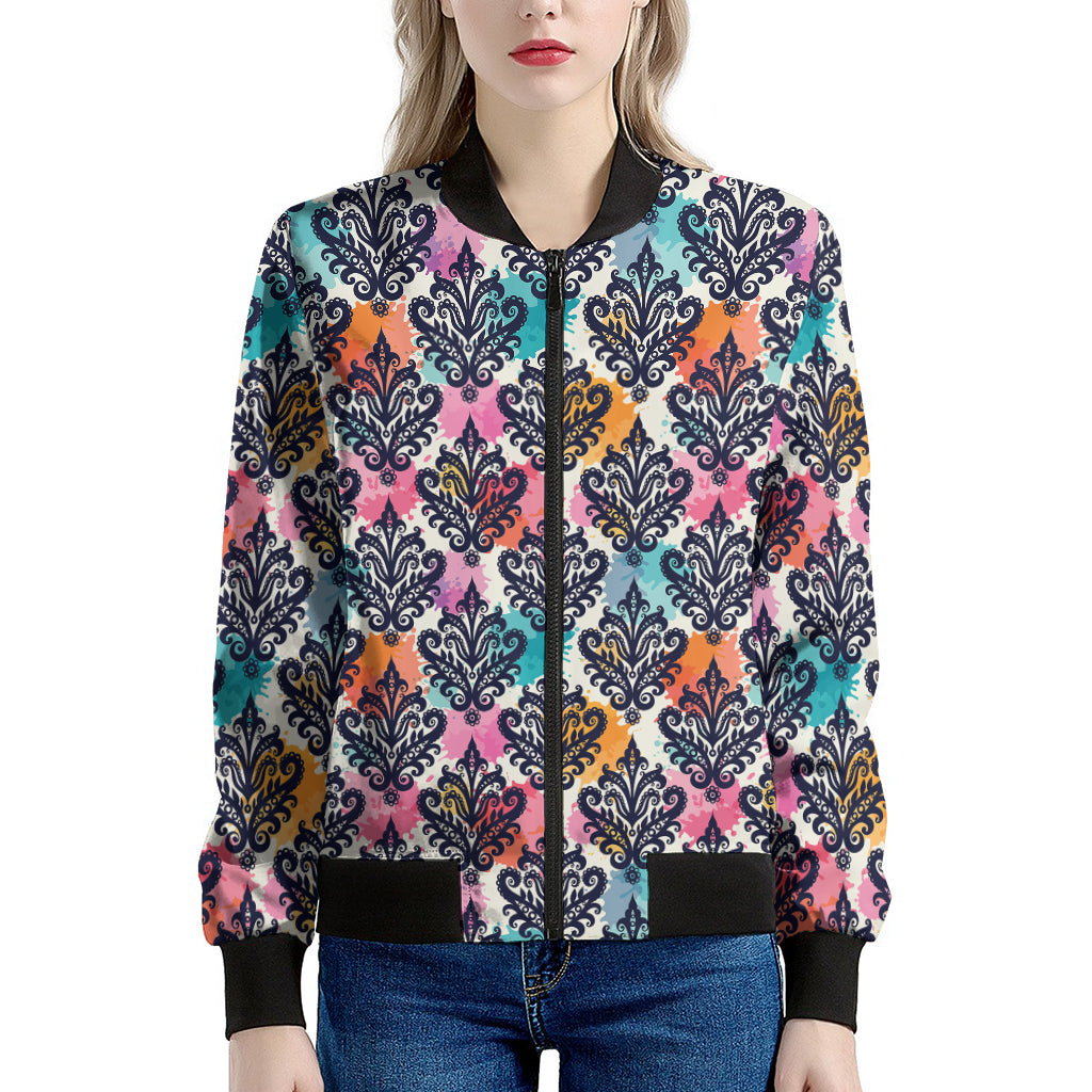 Colorful Damask Pattern Print Women's Bomber Jacket