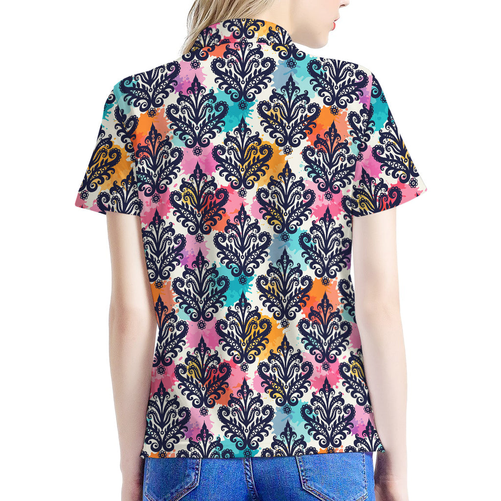 Colorful Damask Pattern Print Women's Polo Shirt