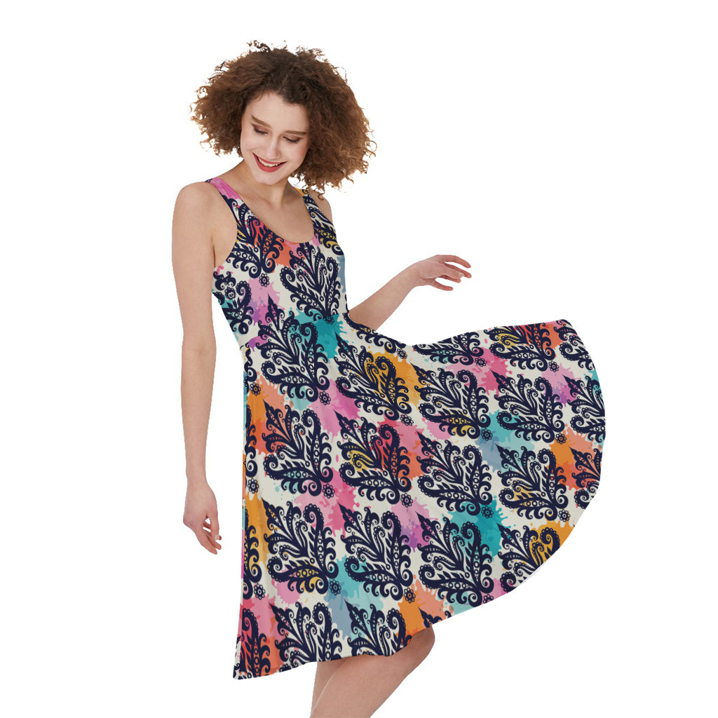 Colorful Damask Pattern Print Women's Sleeveless Dress