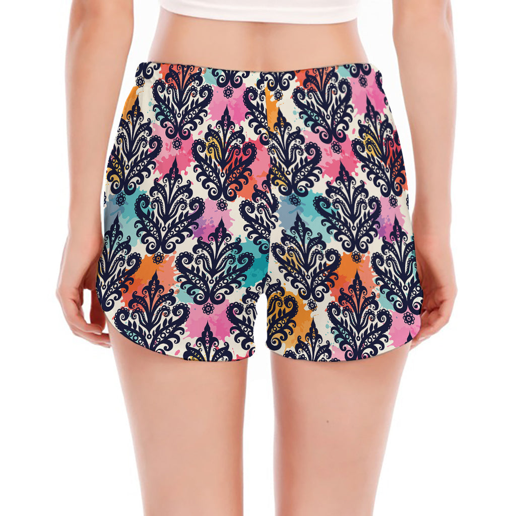 Colorful Damask Pattern Print Women's Split Running Shorts