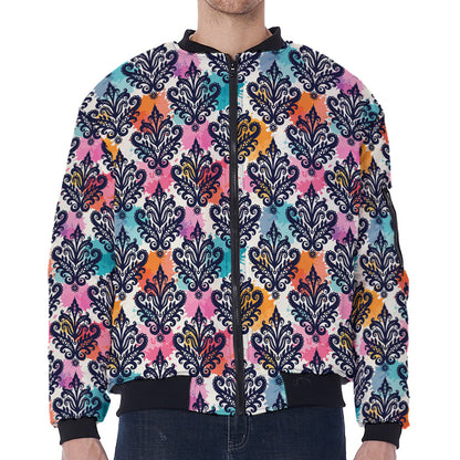 Colorful Damask Pattern Print Zip Sleeve Bomber Jacket