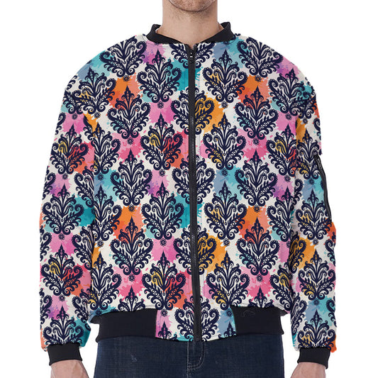 Colorful Damask Pattern Print Zip Sleeve Bomber Jacket