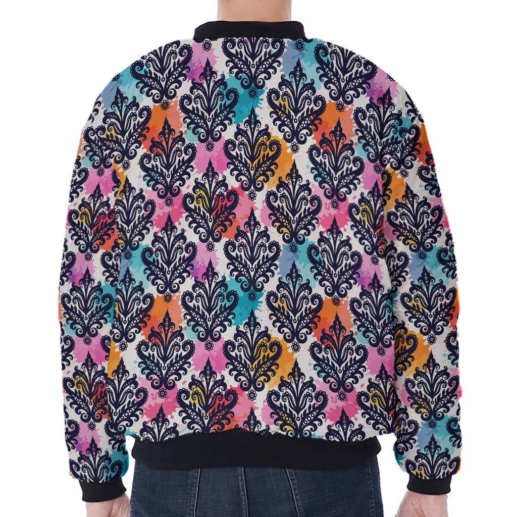 Colorful Damask Pattern Print Zip Sleeve Bomber Jacket