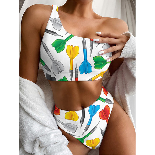 Colorful Darts Pattern Print One Shoulder Bikini Top