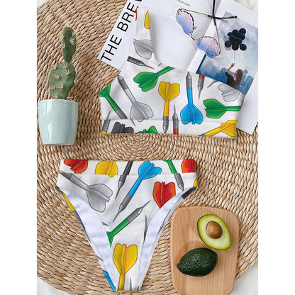 Colorful Darts Pattern Print One Shoulder Bikini Top