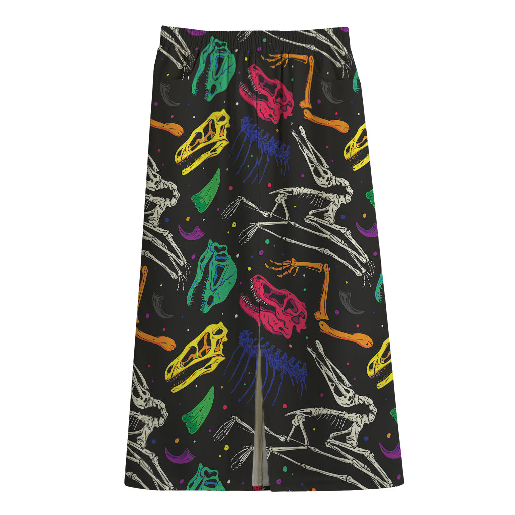 Colorful Dinosaur Fossil Pattern Print Cotton Front Slit Maxi Skirt