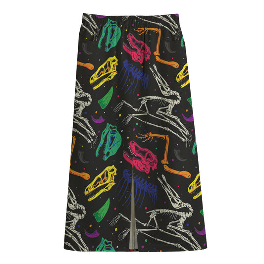Colorful Dinosaur Fossil Pattern Print Cotton Front Slit Maxi Skirt