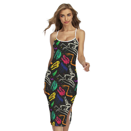 Colorful Dinosaur Fossil Pattern Print Cross Back Cami Dress