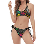 Colorful Dinosaur Fossil Pattern Print Halter Scoop Tie Side Bikini