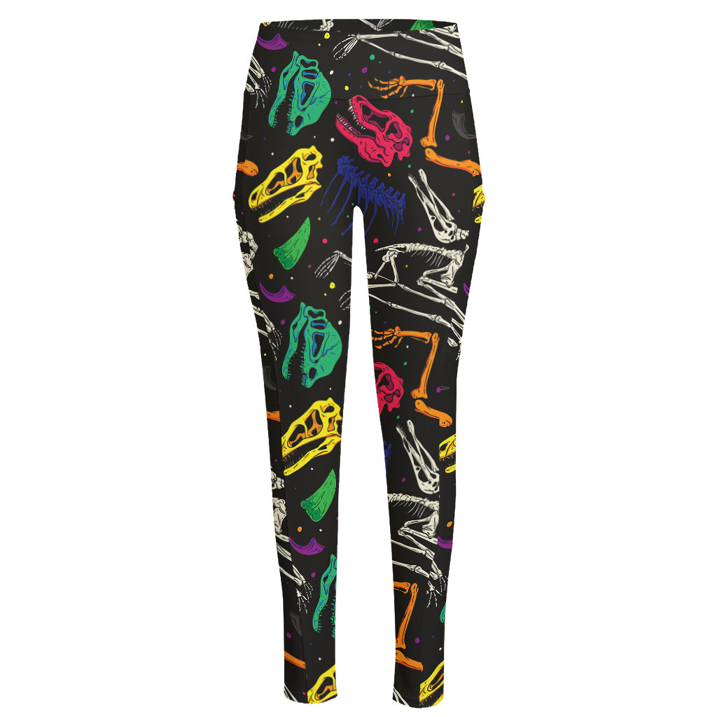 Colorful Dinosaur Fossil Pattern Print High-Waisted Pocket Leggings