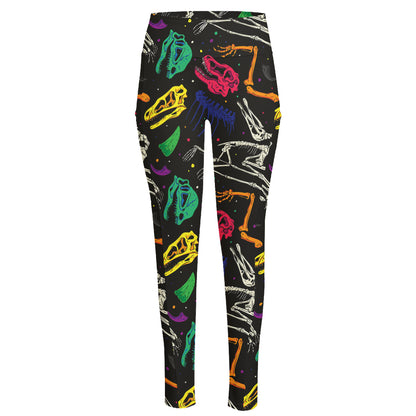 Colorful Dinosaur Fossil Pattern Print High-Waisted Pocket Leggings