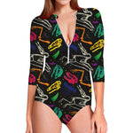 Colorful Dinosaur Fossil Pattern Print Long Sleeve Swimsuit