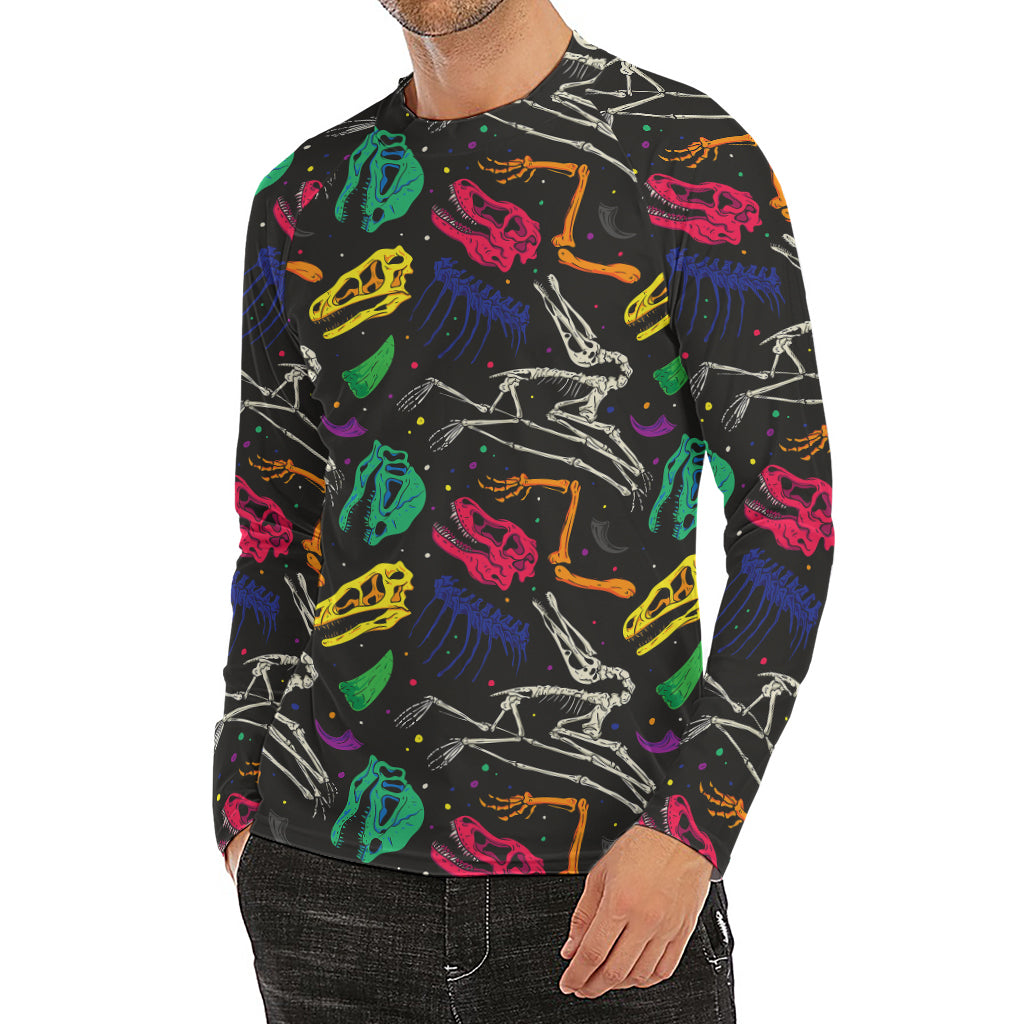 Colorful Dinosaur Fossil Pattern Print Men's Long Sleeve Rash Guard