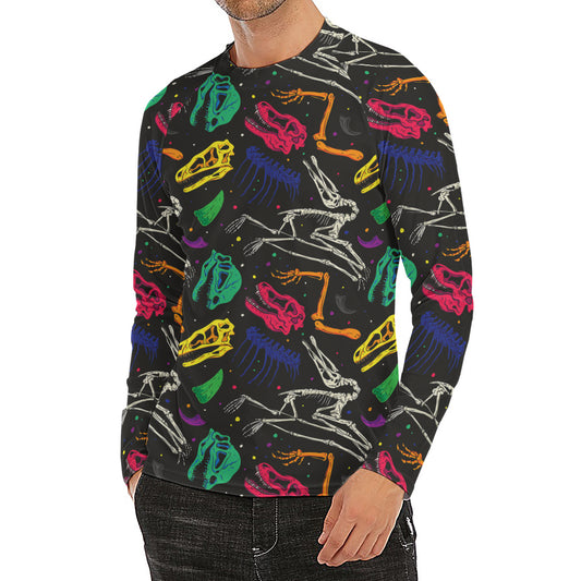 Colorful Dinosaur Fossil Pattern Print Men's Long Sleeve Rash Guard