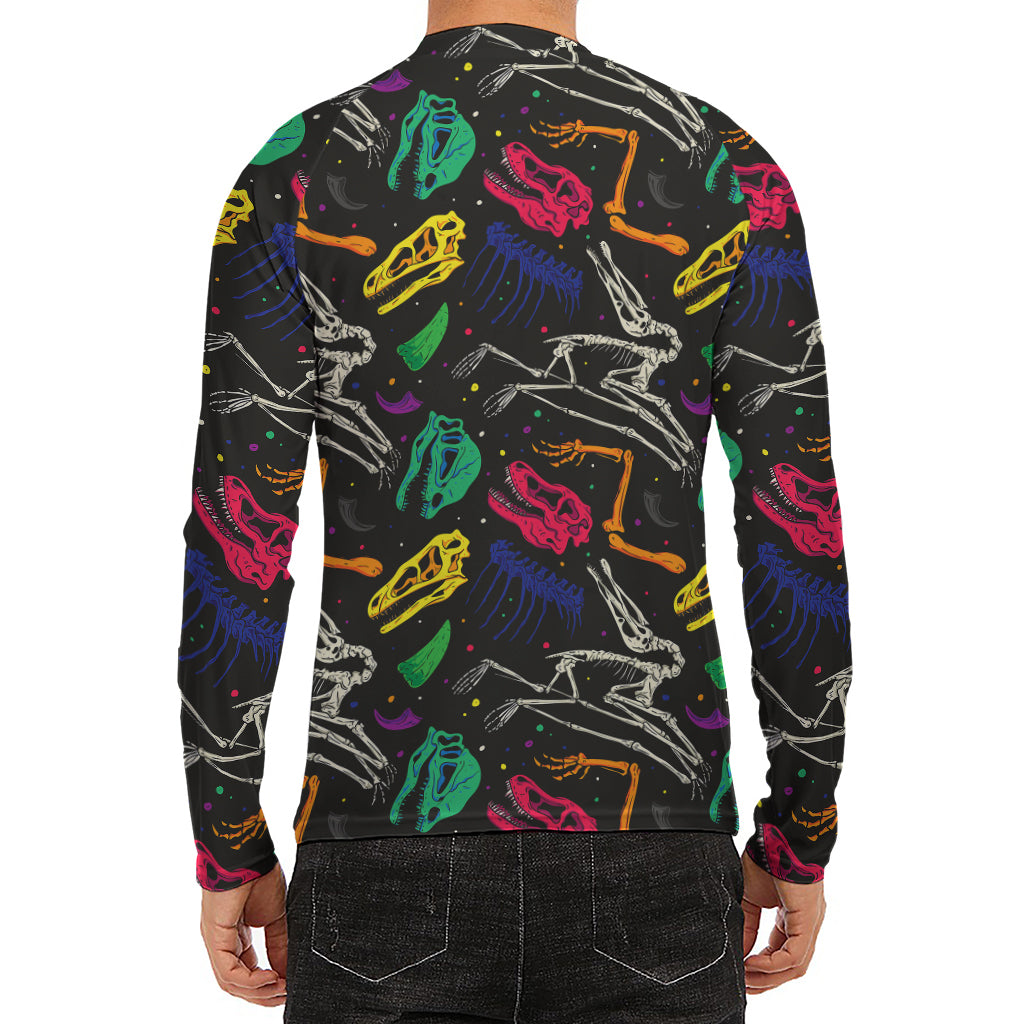 Colorful Dinosaur Fossil Pattern Print Men's Long Sleeve Rash Guard