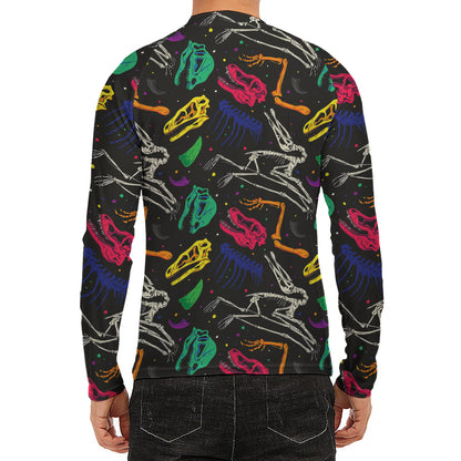 Colorful Dinosaur Fossil Pattern Print Men's Long Sleeve Rash Guard